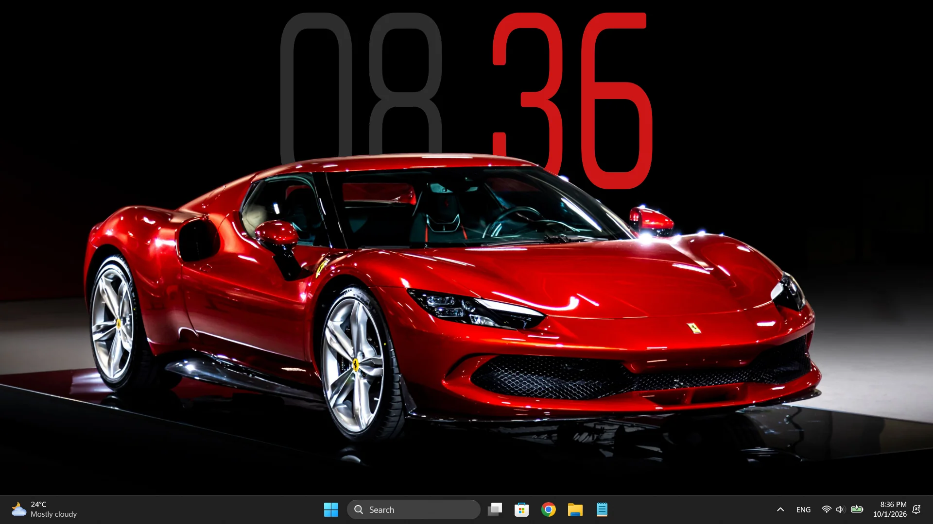Clock with custom red minute digits on red car wallpaper