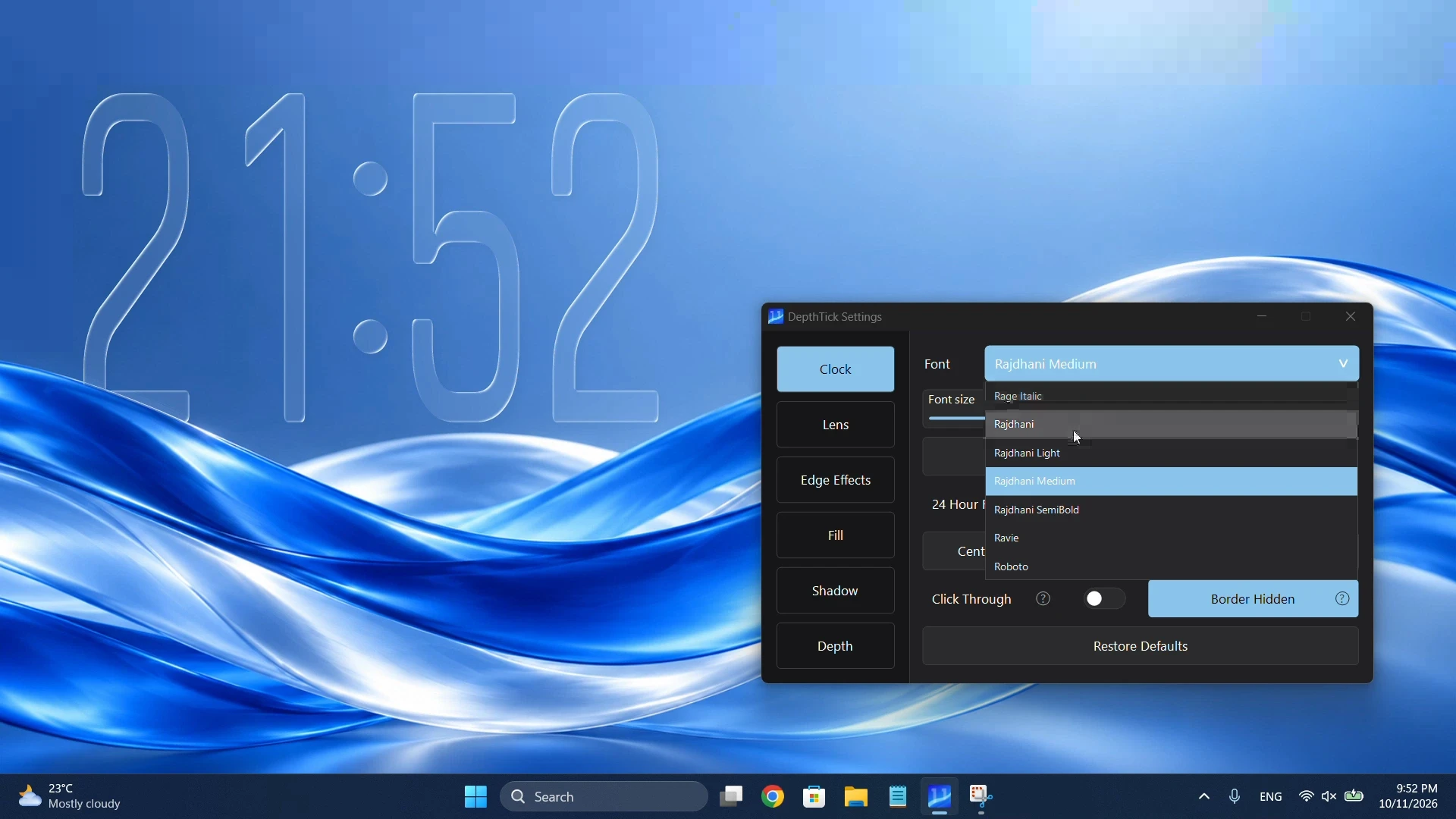 DepthTick clock on a blue desktop wallpaper