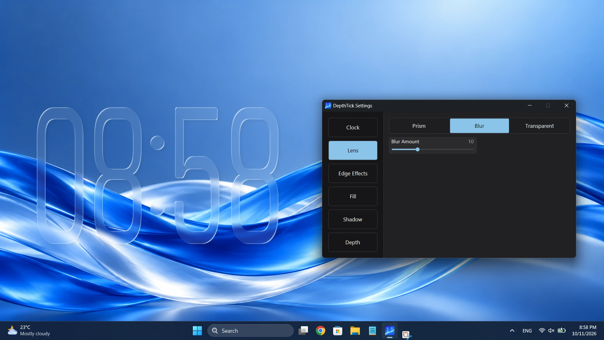 DepthTick in Blur mode, with softened blue wallpaper inside the clock digits and the Blur Amount control alongside