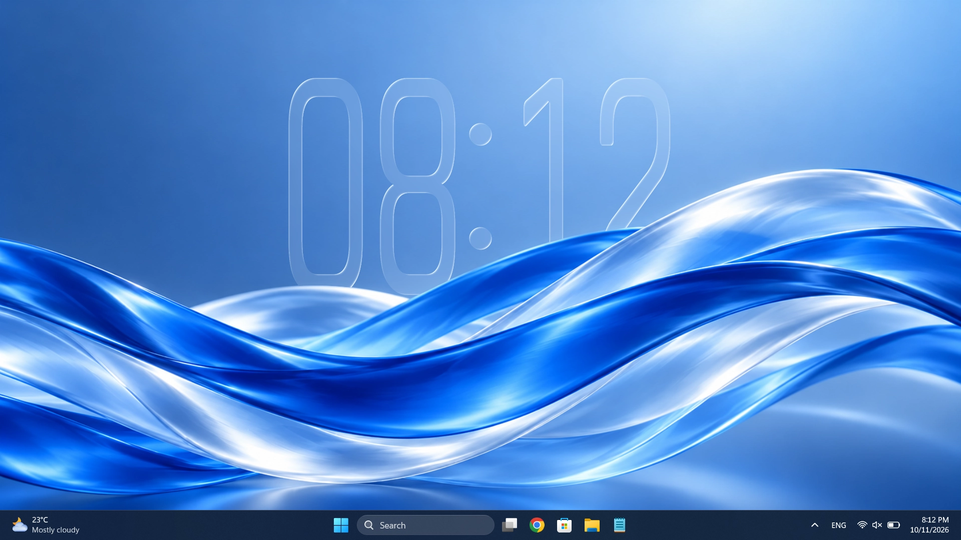 DepthTick glass clock partially hidden by flowing blue wallpaper ribbons, demonstrating both refraction and foreground depth