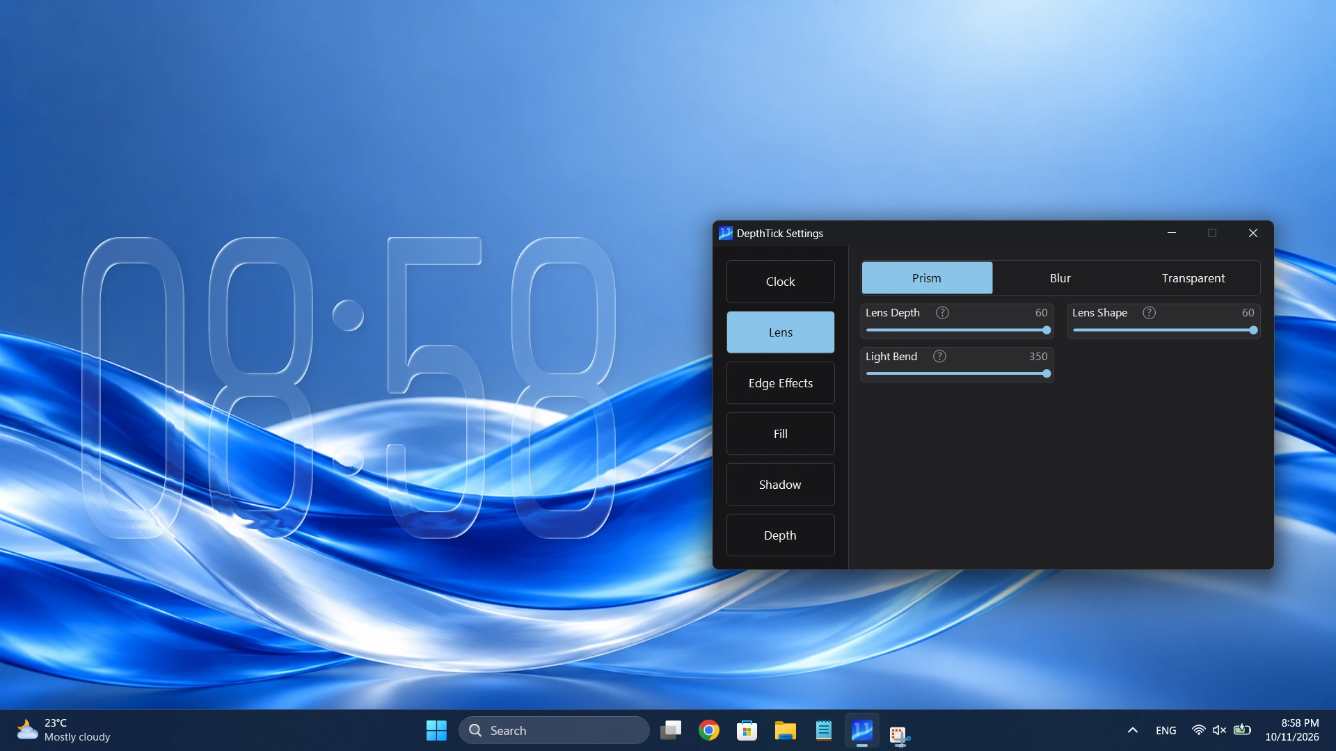 DepthTick in Prism mode, with refracted blue wallpaper inside the clock digits and Lens settings alongside