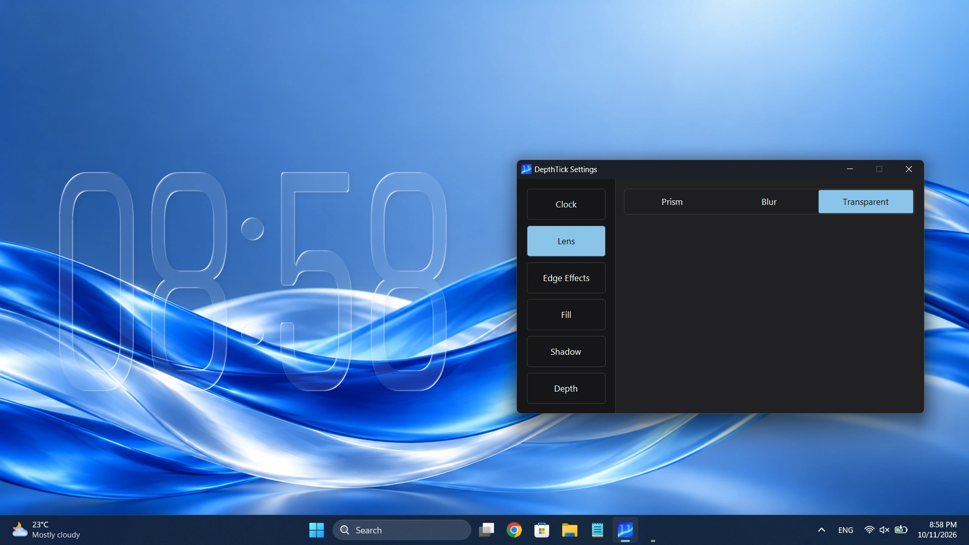 DepthTick in Transparent mode, with blue wallpaper visible through the clock digits without refraction or blur